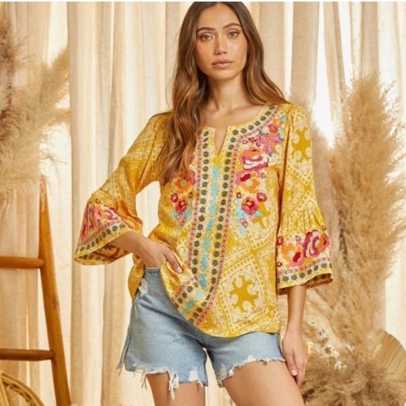 Savanna Jane Tops - Savanna Jane Floral Embroidered Bell Sleeve Top Yellow Size Small